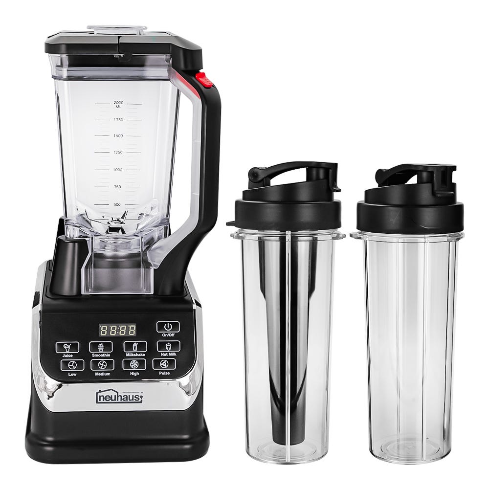 Licuadora digital con vaso de Tritán y 2 vasos para batido negra Hurrikane Neuhaus