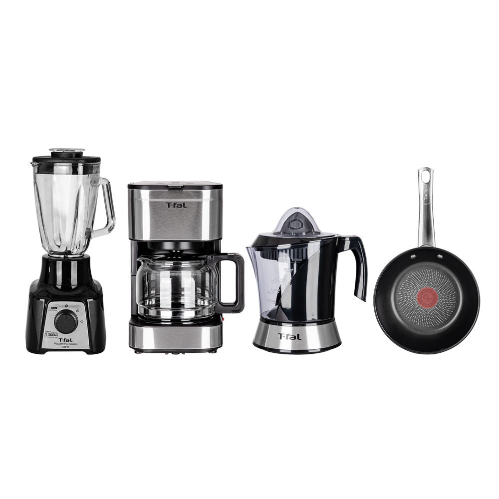Set de desayuno 4 piezas licuadora cafetera exprimidor y sartén T-Fal – vista del juego completo