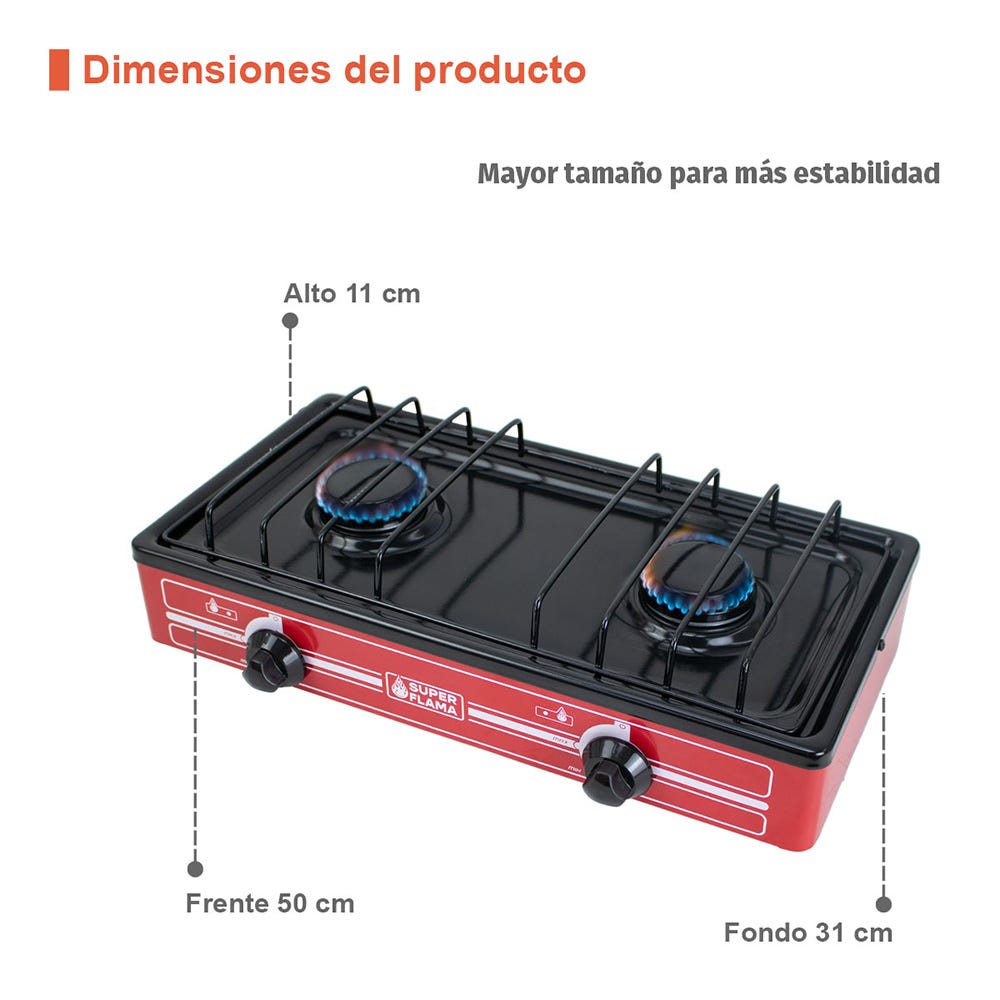 Estufa de gas 2 quemadores roja 2Q-R Super Flama – vista 7