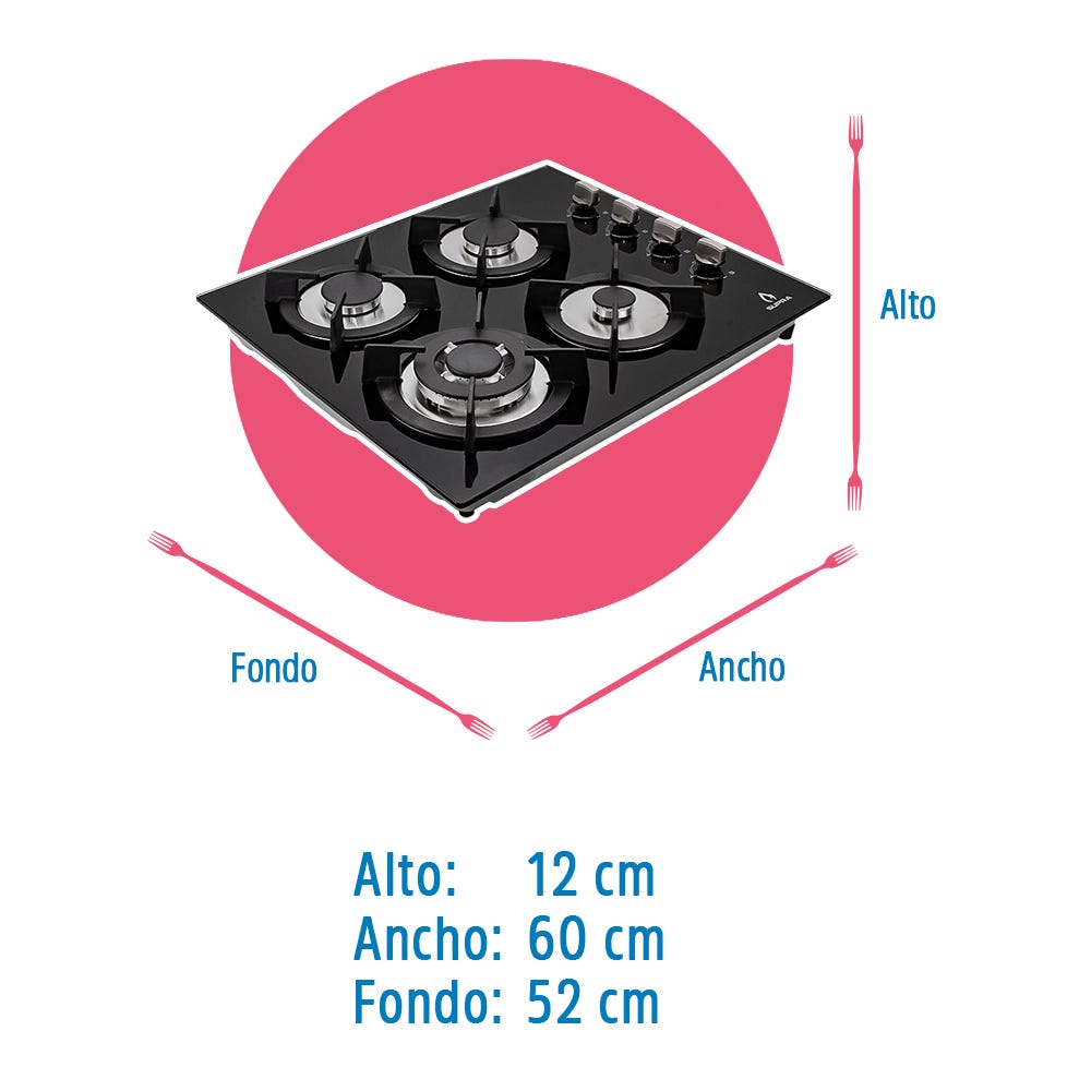Estufa de gas 4 quemadores cristal templado 60 cm 4Q-EC-N Supra – vista 6