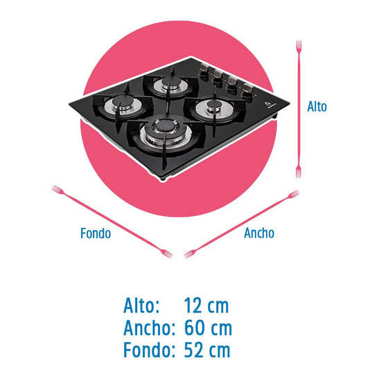 Estufa de gas 4 quemadores cristal templado 60 cm 4Q-EC-N Supra – vista 6