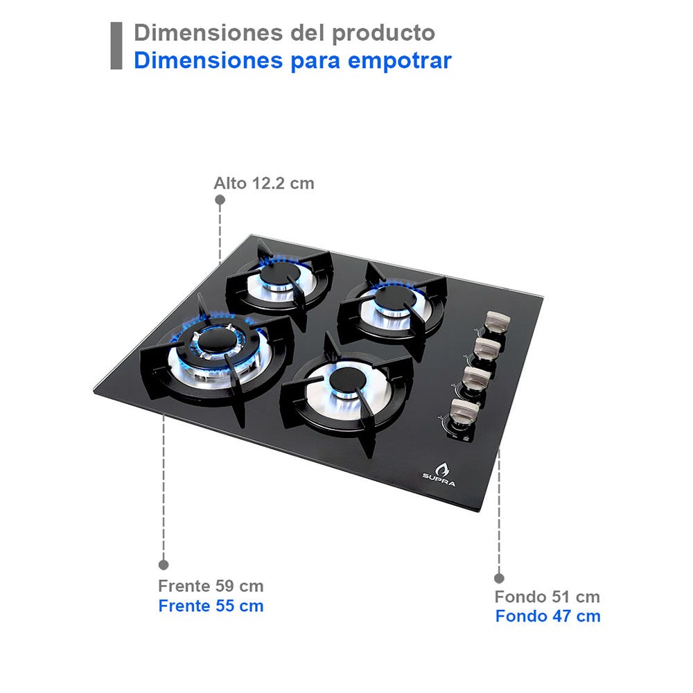 Estufa de gas 4 quemadores cristal templado 60 cm 4Q-EC-N Supra – vista 13