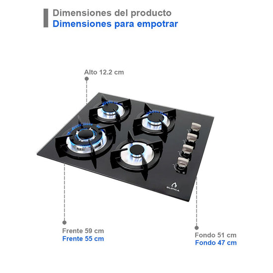 Estufa de gas 4 quemadores cristal templado 60 cm 4Q-EC-N Supra – vista 13