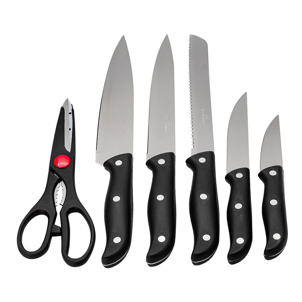 Juego de cuchillos con tijera y base de madera 050-001-008 Travessa