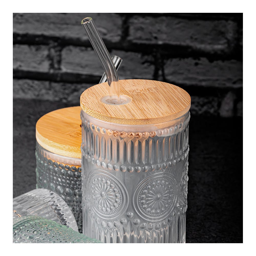 Juego de vasos de vidrio con tapa y popote 470 ml 2 piezas ATH-922 Home Sweet Home