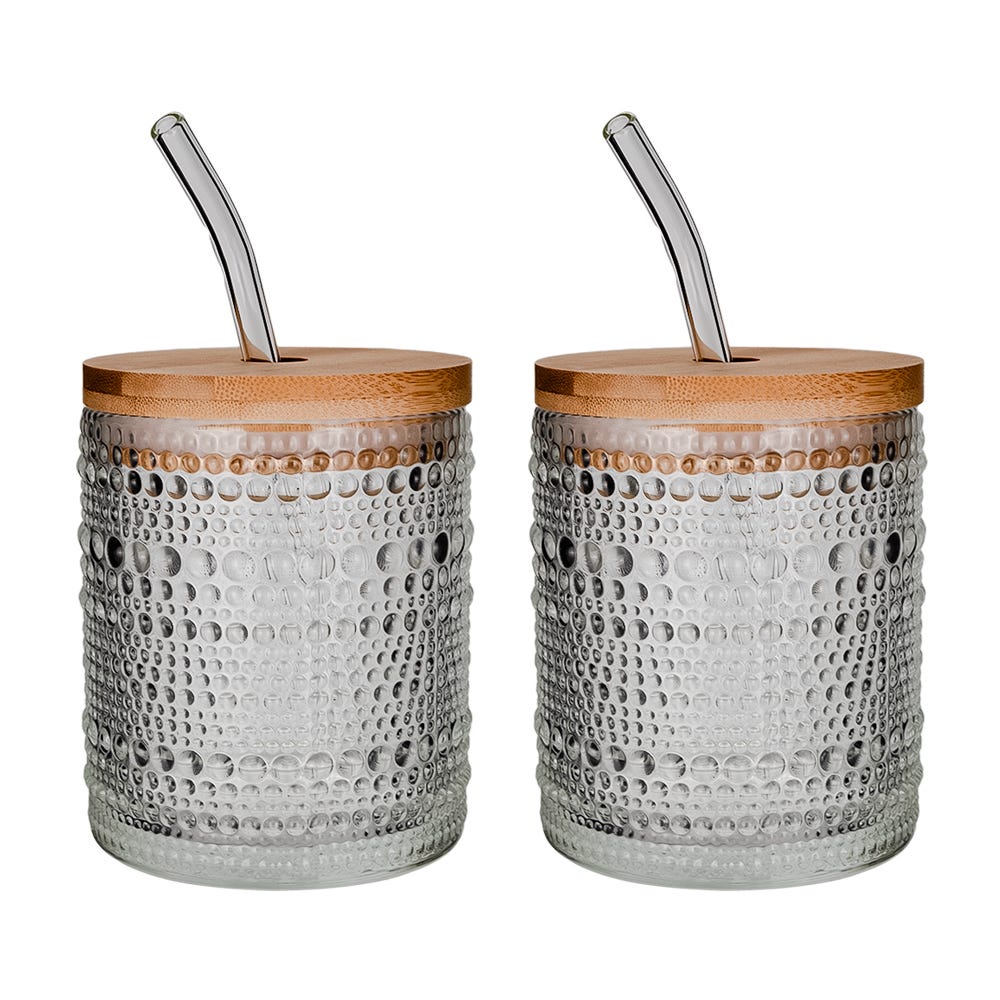Juego de vasos de vidrio con popote y tapa 350 ml 2 piezas ATH-929 Home Sweet Home