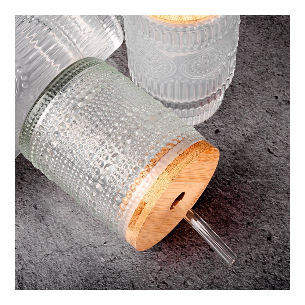 Juego de vasos de vidrio con popote y tapa 350 ml 2 piezas ATH-929 Home Sweet Home