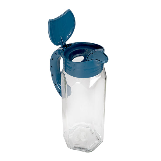 Jarra de vidrio Ala 1.5 L con tapa antiderrapante KC-102 Titiz – jarra con tapa azul abierta, vista frontal