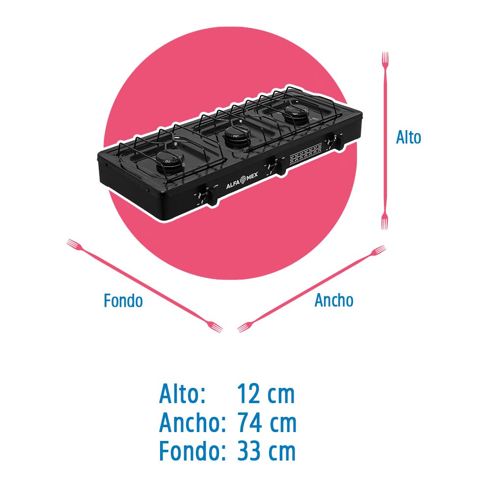 Parrilla de gas 3 quemadores cubierta esmaltada negro 611-4 Alfa – vista 4