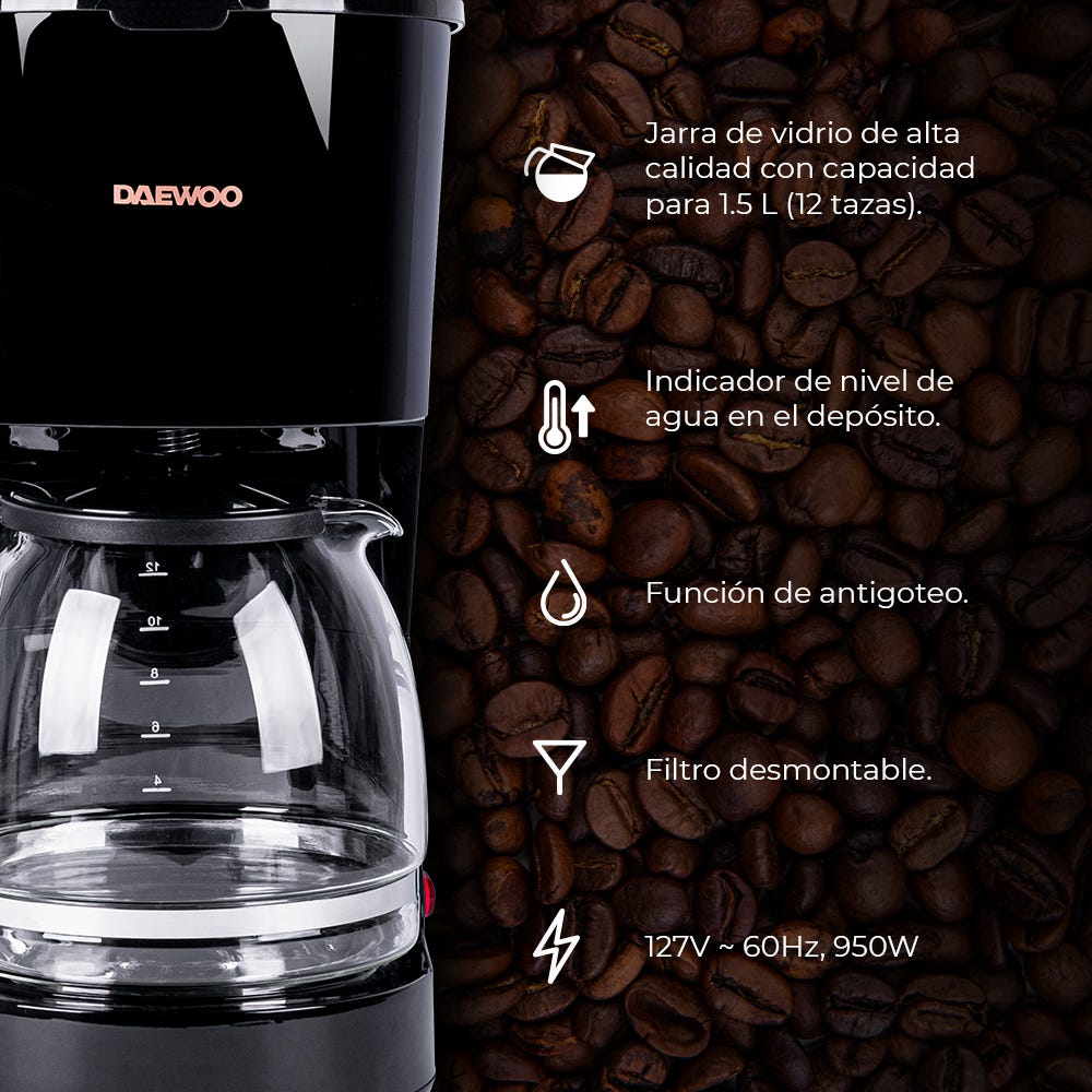 Cafetera 12 tazas con jarra de vidrio negra DCM-1884 Daewoo