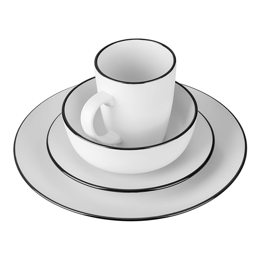 Vajilla redonda de cerámica 16 piezas blanco con filo negro Zury Chefmaker