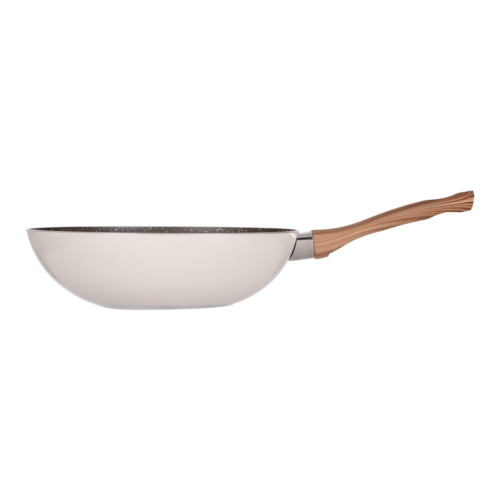 Sartén wok de aluminio 28.5 cm Carrara beige Flamel – vista de perfil del exterior beige