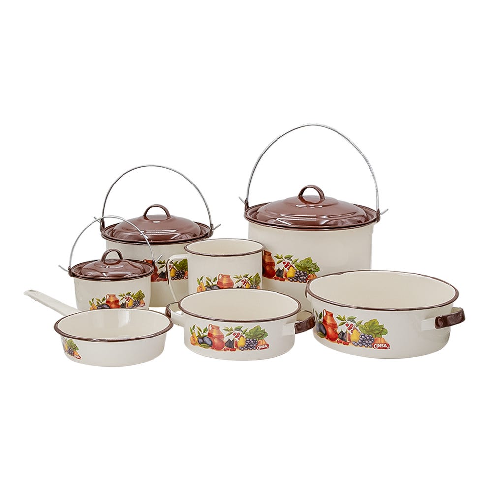 Batería de cocina de acero vitrificado Popular Sofia 10 piezas crema decorado 305747 Cinsa