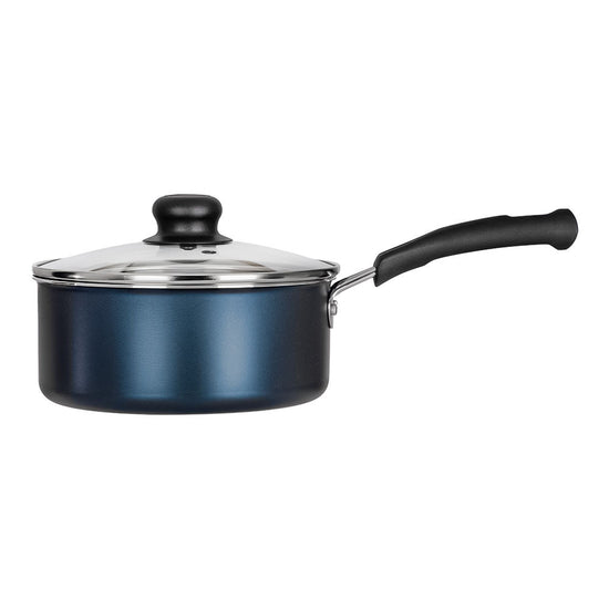 Batería de cocina de aluminio 16 piezas Simple Cooking azul Tramontina – cacerola con tapa de vidrio, vista tres cuartos