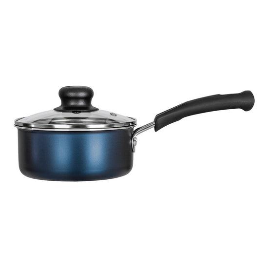 Batería de cocina de aluminio 16 piezas Simple Cooking azul Tramontina – cacerola con tapa de vidrio, vista tres cuartos
