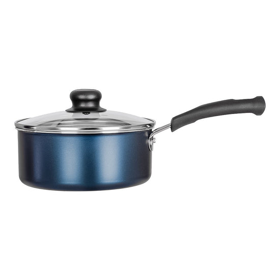 Batería de cocina de aluminio 16 piezas Simple Cooking azul Tramontina – cacerola con tapa de vidrio, vista tres cuartos