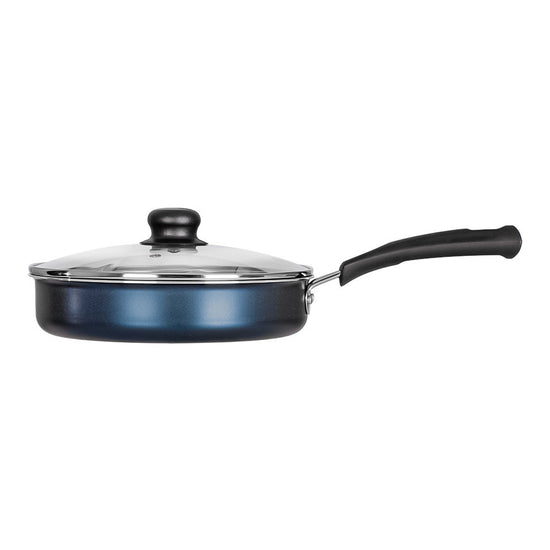 Batería de cocina de aluminio 16 piezas Simple Cooking azul Tramontina – sartén con tapa de vidrio, vista tres cuartos