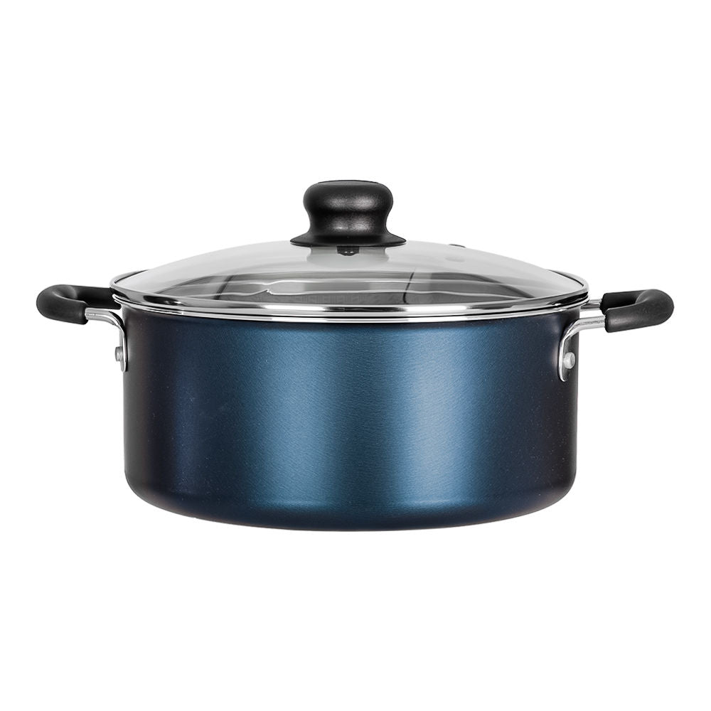 Batería de cocina de aluminio 16 piezas Simple Cooking azul Tramontina – olla con tapa de vidrio y asas, vista frontal