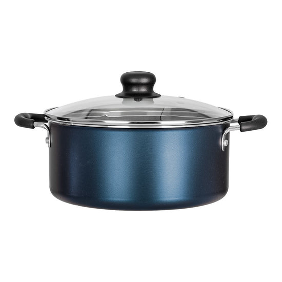 Batería de cocina de aluminio 16 piezas Simple Cooking azul Tramontina – olla con tapa de vidrio y asas, vista frontal
