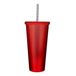 Vaso de plástico con tapa y popote doble pared rayas 655 ml varios colores 1807-11 Nuvo