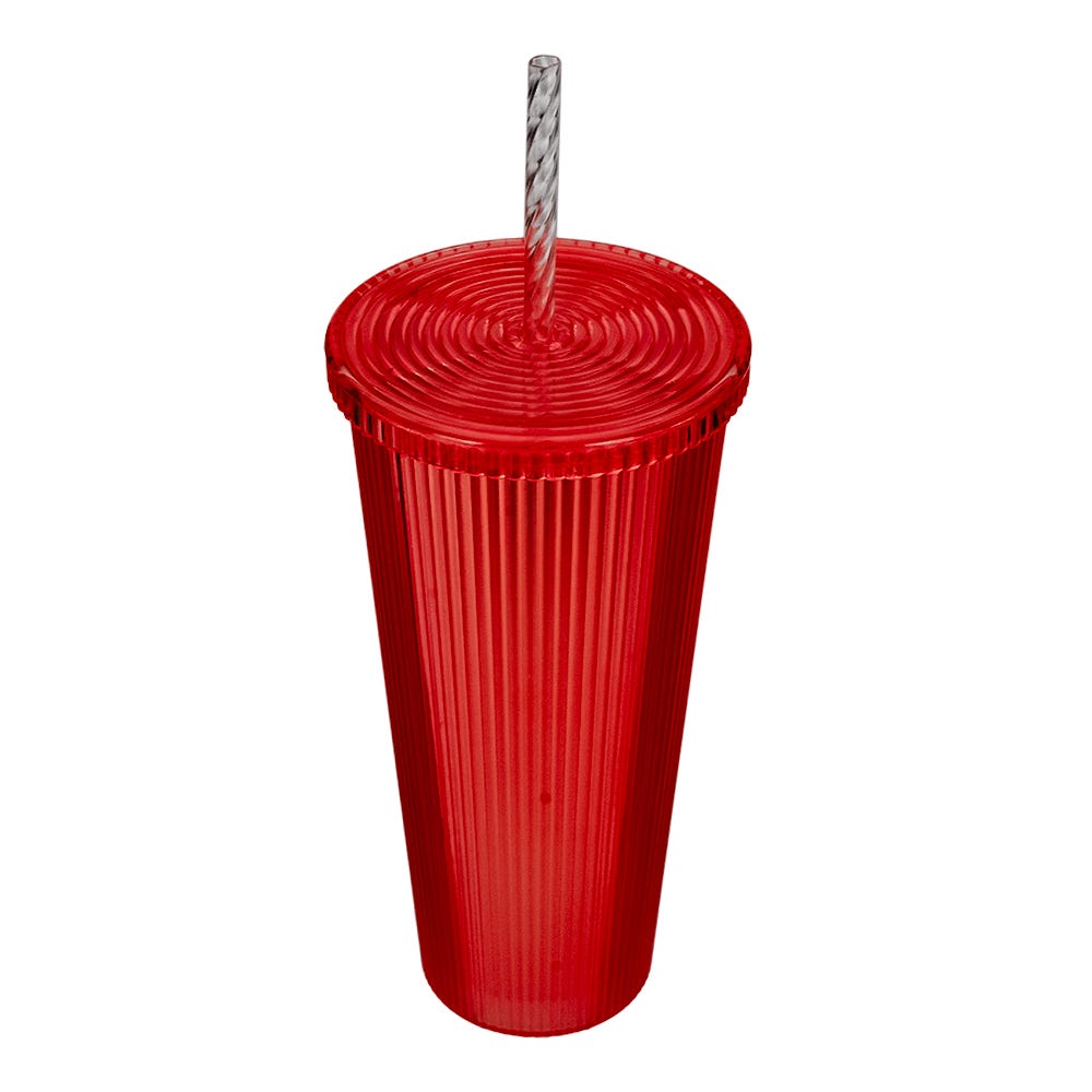 Vaso de plástico con tapa y popote doble pared rayas 655 ml varios colores 1807-11 Nuvo