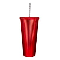 Vaso de plástico con tapa y popote doble pared rayas 655 ml varios colores 1807-11 Nuvo