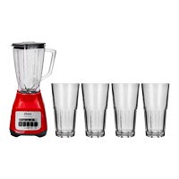 Smoothie Matutino: Licuadora Soho Lite Roja Oster + 4 Vasos de vidrio de 600 ml Kim Glass