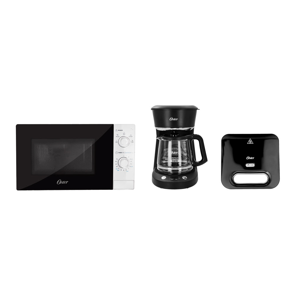 Pack Desayunos perfectos, sin prisas: Horno de microondas Oster + Sandwichera maker compacta Oster + Cafetera programable Oster